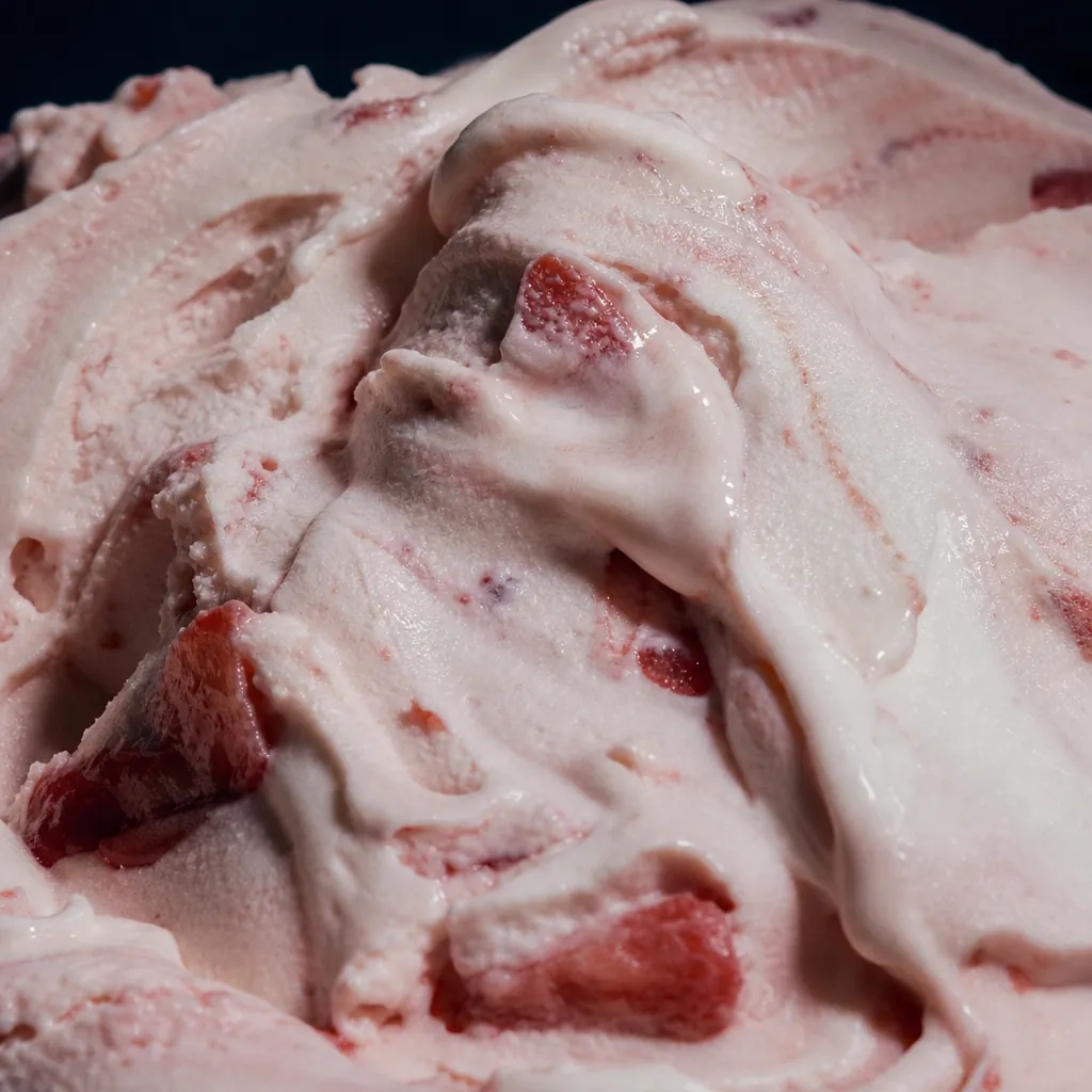 A macro study of strawberry cream marbled through pale ribbons.