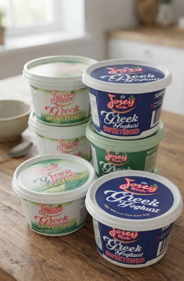 Six Josey Rich Greek Yoghurt tubs stacked on a wooden kitchen table — three in white and sage marked UNSWEETENED, three in navy marked SWEETENED.