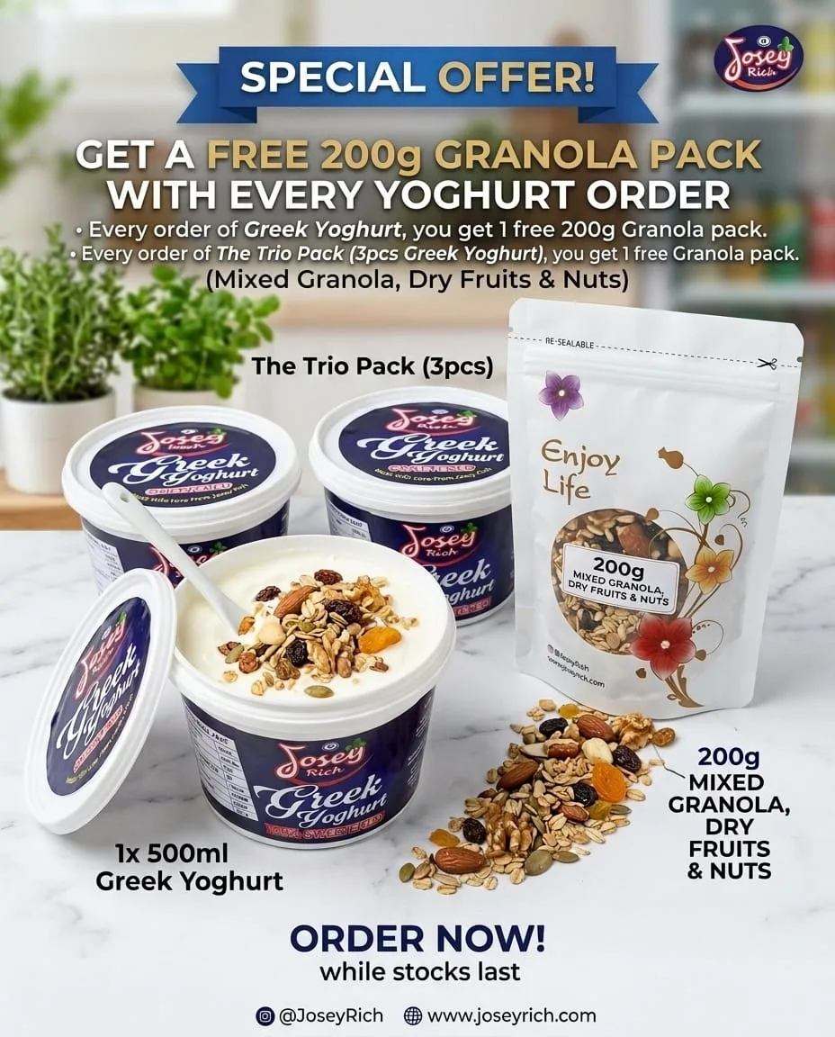 Josey Rich free granola offer showing a pouch of mixed granola, dry fruits and nuts.