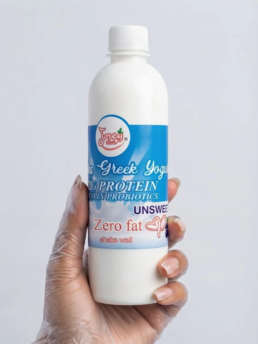 A white Josey Rich yoghurt drink bottle with a light-blue label, held in a gloved hand.