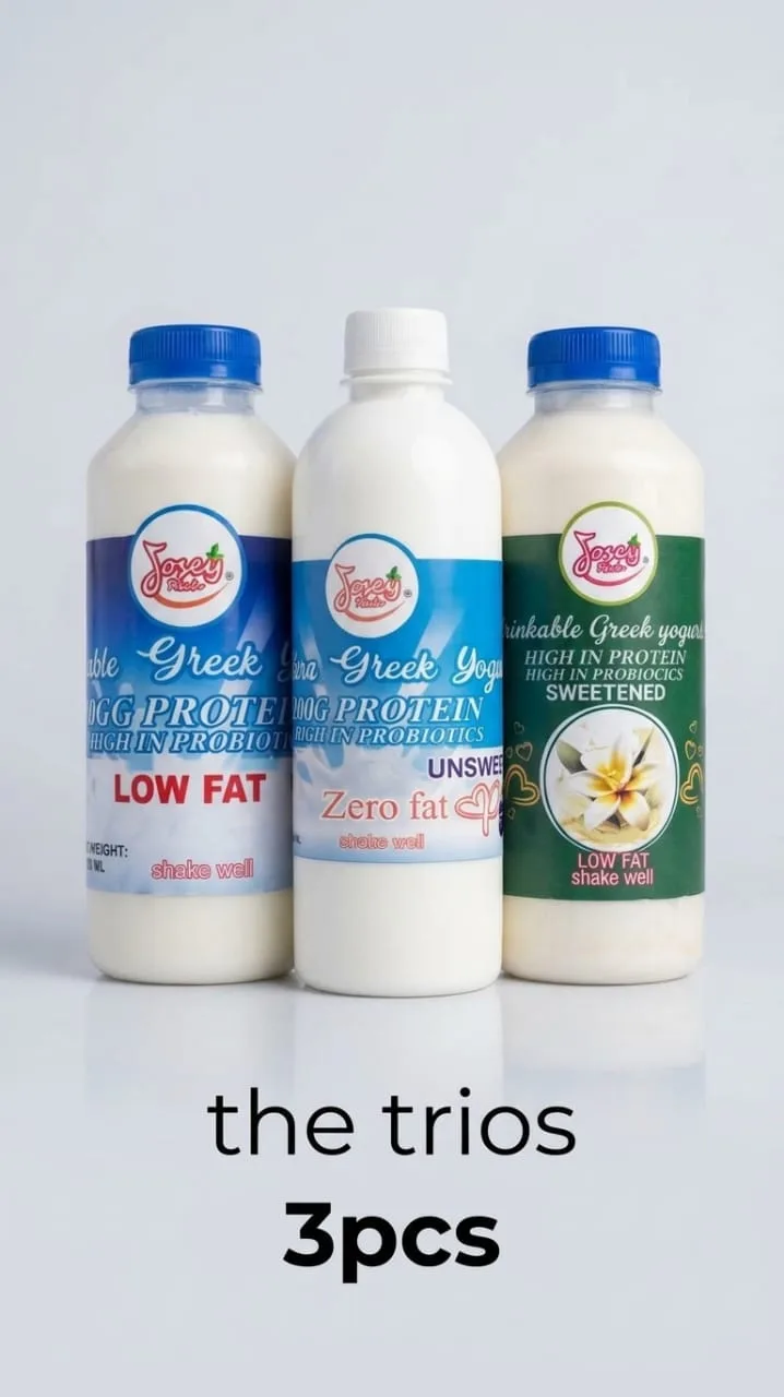 Three Josey Rich yoghurt drink bottles with blue, white and green labels.